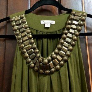 Scooped neck, olive green, blouse.